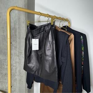 Theory Black Pleated Leather Mini Skirt Womens 8 New